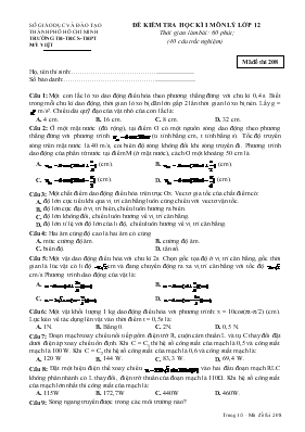 Đề 1 kiểm tra học kì I môn lý lớp 12 thời gian làm bài 60 phút (40 câu trắc nghiệm)